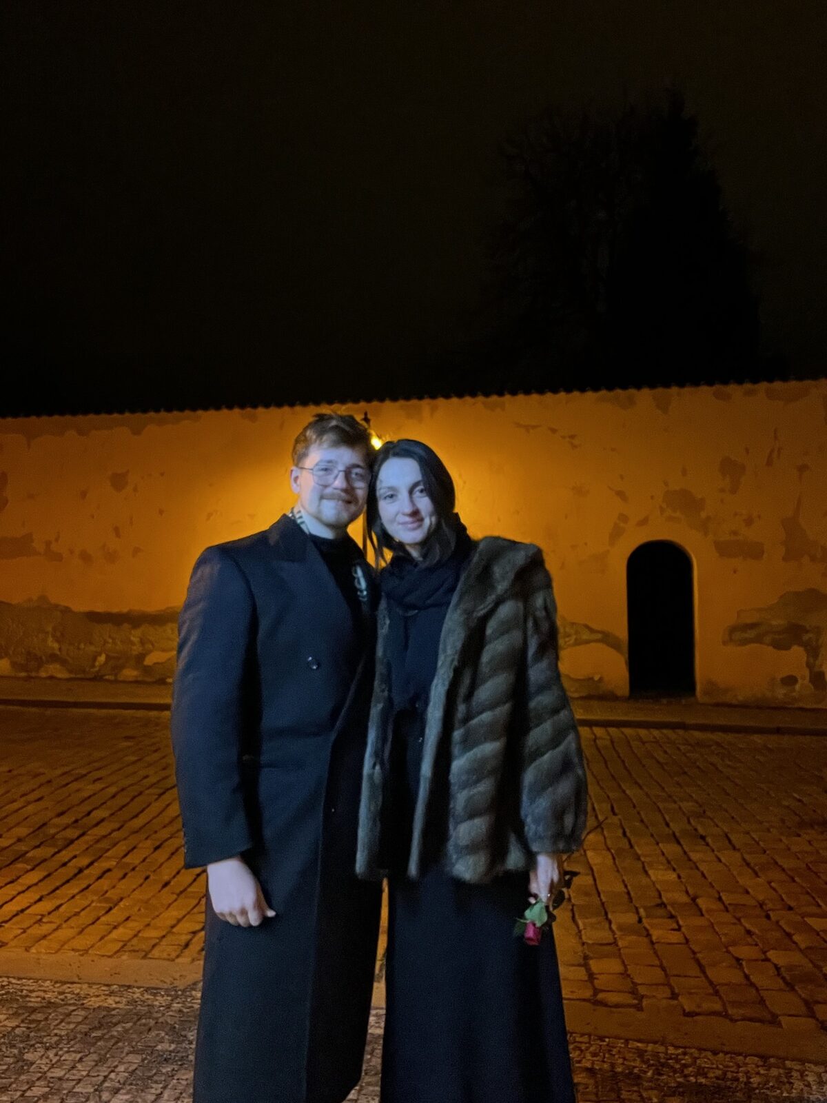 The cobblestones of old Prague at night, just the two of us.